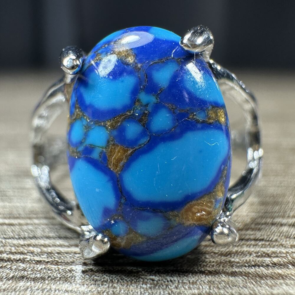 Sterling Silver 925 Blue Beautiful Marbled Stone Ring Oval Western Style Sz 8